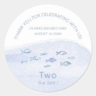 Sticker Rond 2e anniversaire bleu mer poisson mignon merci
