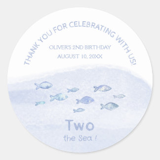 Sticker Rond 2e anniversaire bleu mer poisson mignon merci