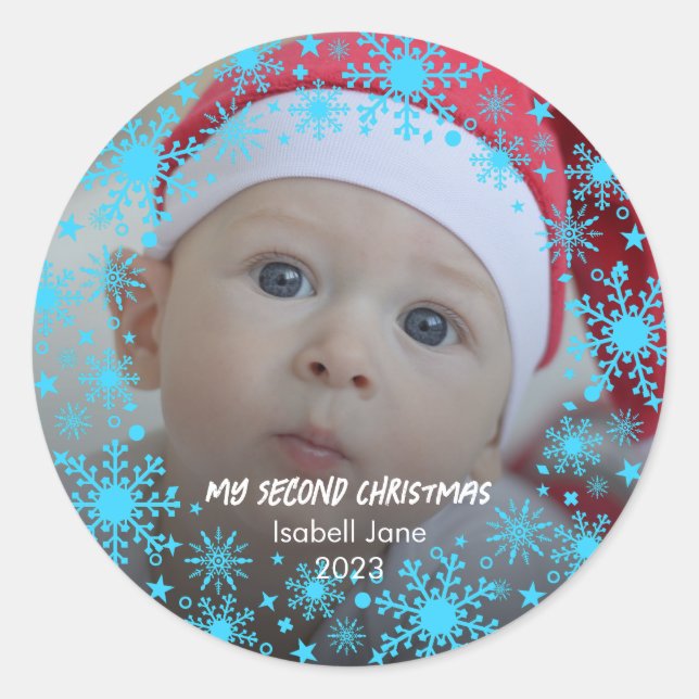 Sticker Rond 2e Flocon de neige bleu de Noël du bébé (Devant)
