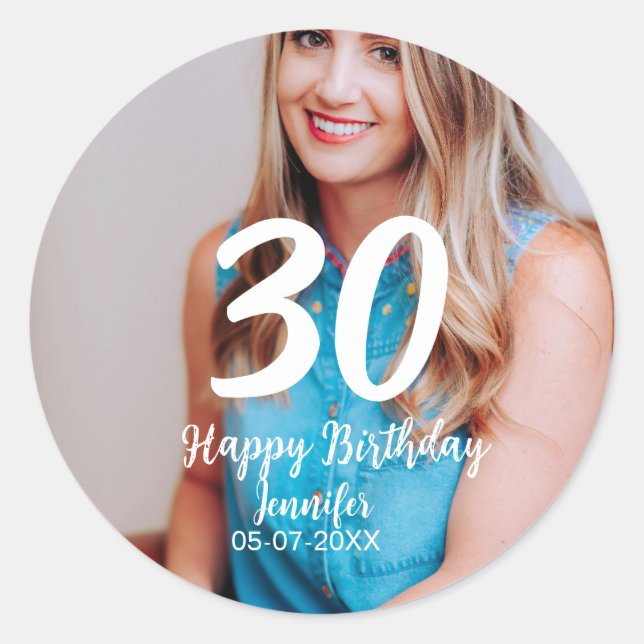 Sticker Rond 30e anniversaire ajouter nom date année photo blan (Devant)