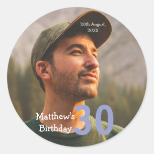 Sticker Rond 30e anniversaire ajouter nom photo date homme bleu