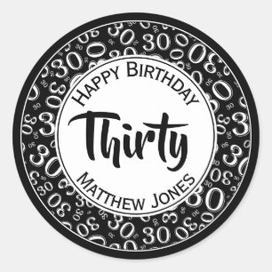Sticker Rond 30e anniversaire Numéro Motif noir/blanc 30
