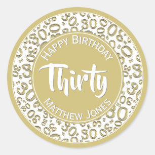 Sticker Rond 30e anniversaire Numéro Motif Or/Blanc 30