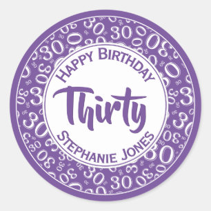 Sticker Rond 30e anniversaire Numéro Motif Purple/Blanc 30