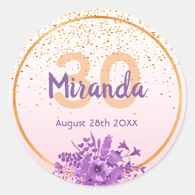 Sticker Rond 30e anniversaire or rose avec confettis et fleurs (Devant)