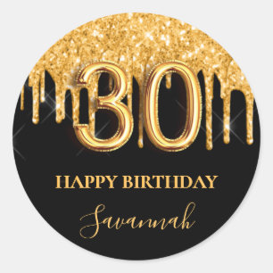 Sticker Rond 30e anniversaire parties scintillant en or noir ba