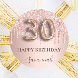 Sticker Rond 30e anniversaire rose gouttes rose or