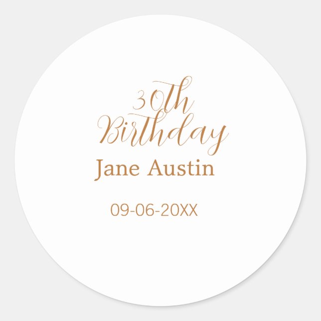 Sticker Rond 30th birthday copper brown simple stylish name dat (Devant)