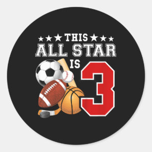 Sticker Rond 3 Ans Sports Star Anniversaire Fête Tous Sport 3r