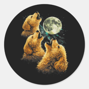 Sticker Rond 3 chiens golden doodle hurlant mignon drôle lune
