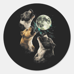 Sticker Rond 3 chiens Pit Bull hurlant à la lune Mignon Drôle P
