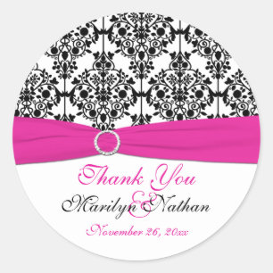 Sticker rond 3 pouces rose, blanc et noir Damask