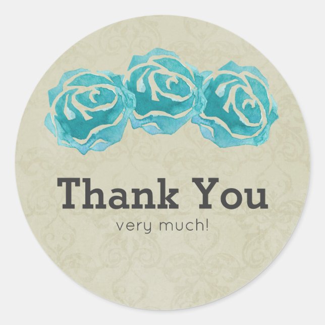 Sticker Rond 3 Roses Turquoises d'aquarelle sur le Merci Tan Da (Devant)