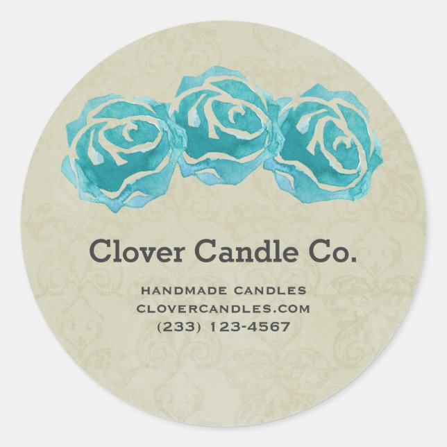 Sticker Rond 3 Roses Turquoises d'aquarelle sur Tan Damask Busi (Devant)