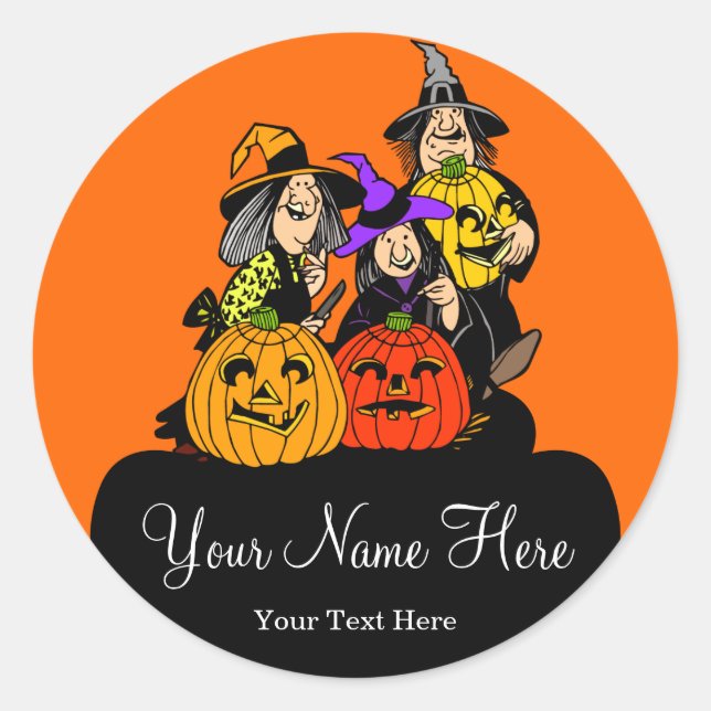 Sticker Rond 3 Sorcières et Jack O'Lantern Halloween (Devant)