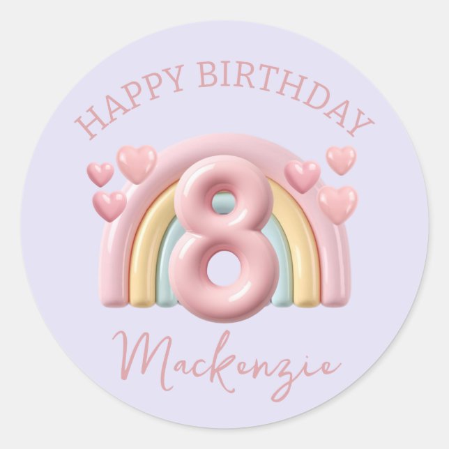 Sticker Rond 3D Rainbow 8th Birthday Girl on Purple (Devant)