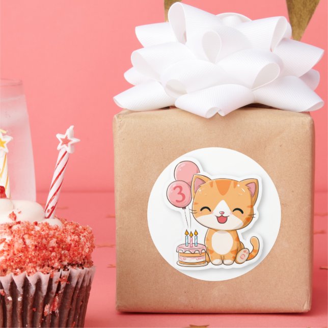 Sticker Rond 3e anniversaire, chaton avec ballons et gâteau,   (Fête)