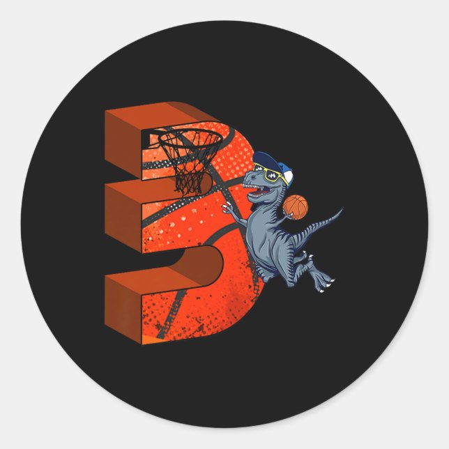 Sticker Rond 3e anniversaire de basket-ball Dinosaur Boy Cadeau (Devant)