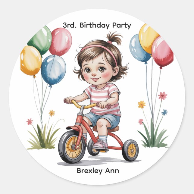 Sticker Rond 3e. Anniversaire de la fille à une fête à vélo (Devant)