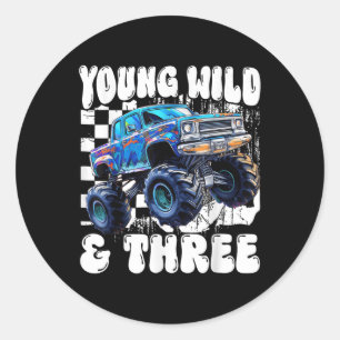 Sticker Rond 3e anniversaire Monster Truck Jeune Sauvage Et Tro
