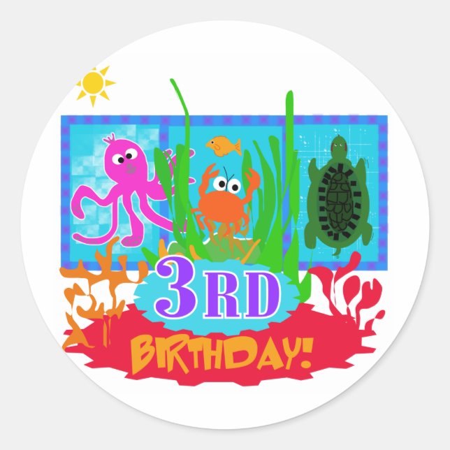 Sticker Rond 3ème Aventure sous-marine Tshirts d'anniversaire (Devant)