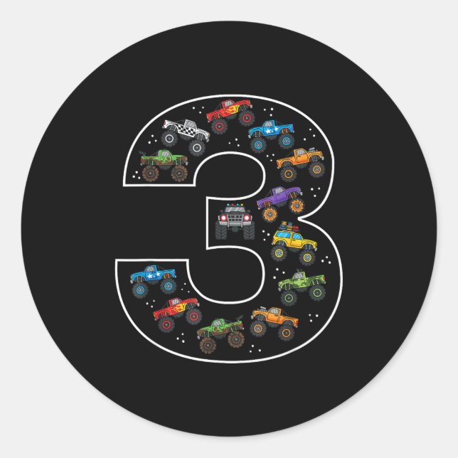 Sticker Rond 3rd Birthday 3 Year Old Car Boys Monster Truck  (Devant)