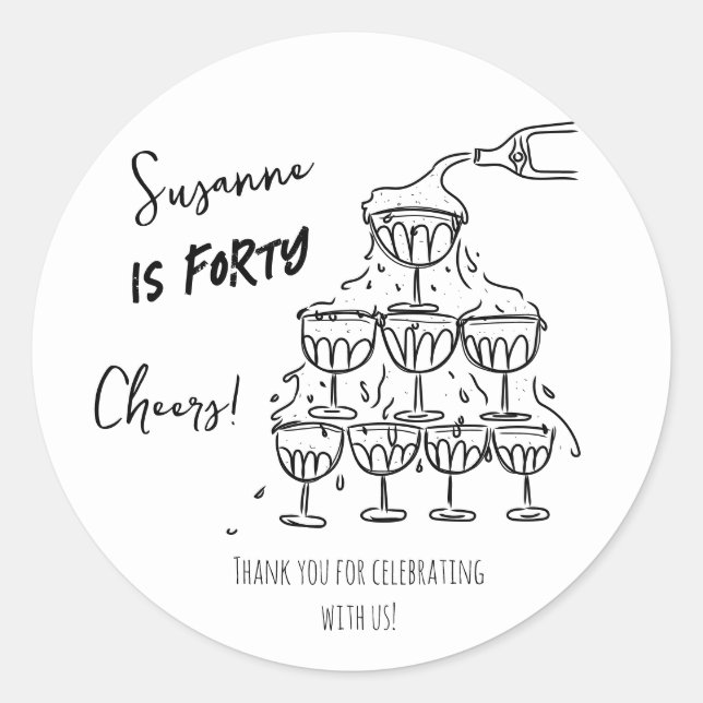Sticker Rond 40 ans Anniversaire Champagne tour funky (Devant)