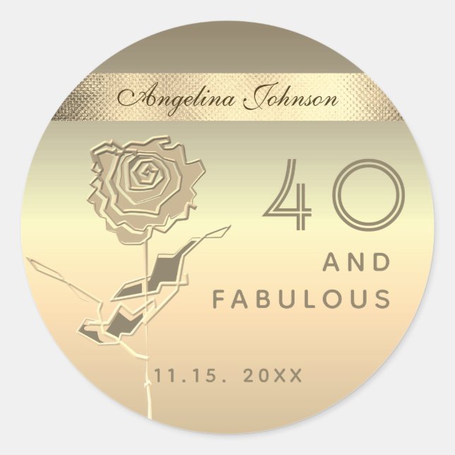 Sticker Rond 40 ans et Fabuleux, Élégante Rose Fleur Or (Devant)
