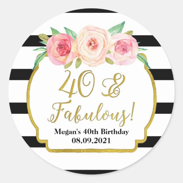 Sticker Rond 40 & Fabuleux Anniversaire Noir Or Aquarelle (Devant)