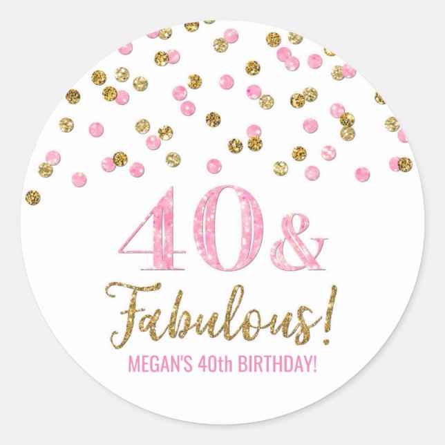 Sticker Rond 40 & Fabuleux Anniversaire Pink Gold Confetti (Devant)
