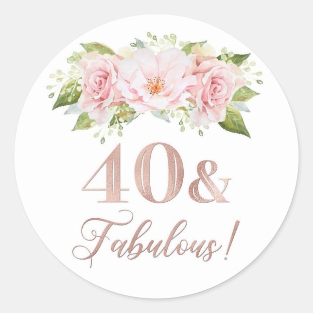 Sticker Rond 40 & Fabuleux Anniversaire Rose or rose floral (Devant)