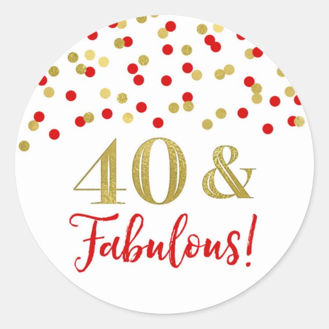 Sticker Rond 40 & Fabuleux Anniversaire Rouge Gold Confetti (Devant)