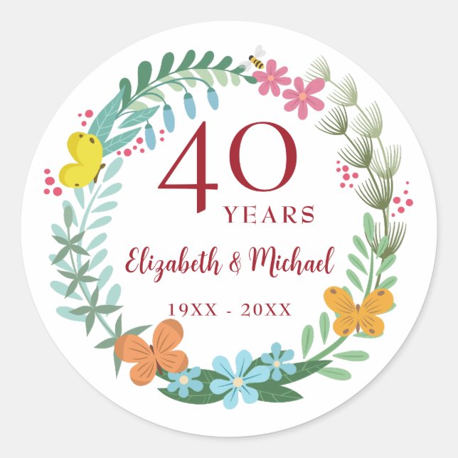Sticker Rond 40e Anniversaire de Mariage Papillon Floral Rubis (Devant)
