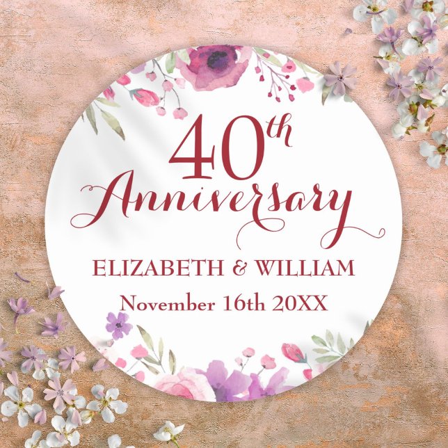 Sticker Rond 40e anniversaire de mariage - Roses aquarelles (40th Ruby Wedding Anniversary Watercolor Roses Classic Round Sticker)