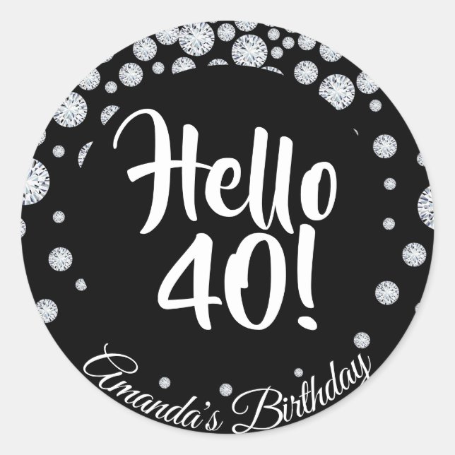 Sticker Rond 40e anniversaire diamants de fête sur noires bonjo (Devant)
