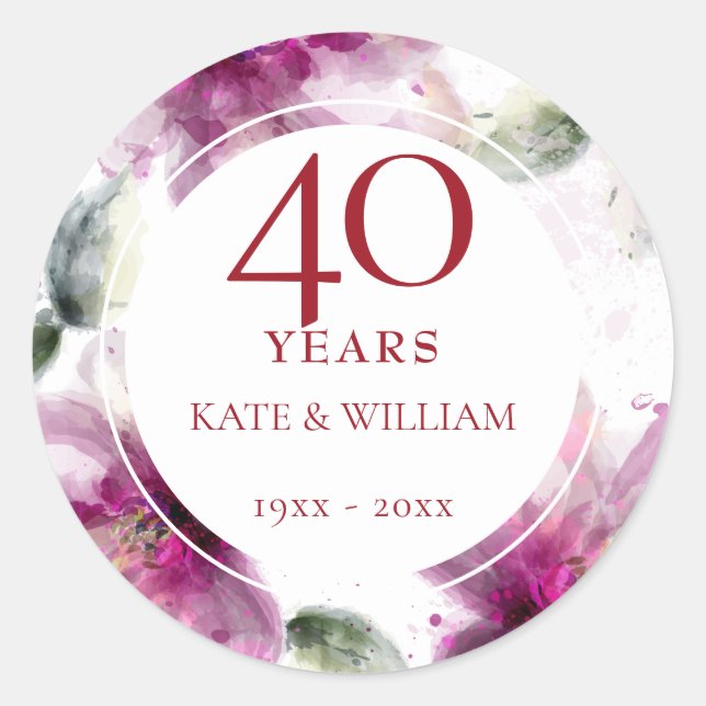 Sticker Rond 40e anniversaire du Mariage Ruby Aquarelle Florale (Devant)