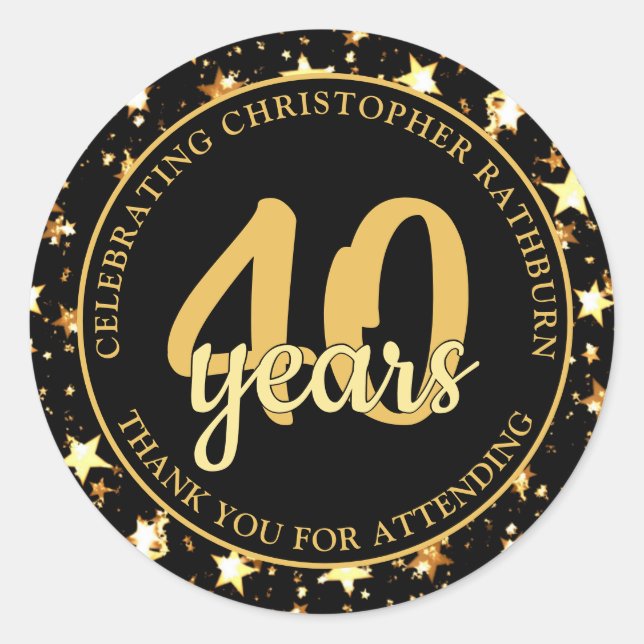 Sticker Rond 40e Anniversaire Étoiles Noires et Dorées MERCI (Devant)