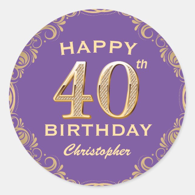 Sticker Rond 40e anniversaire fête violet et Parties scintillan (Devant)