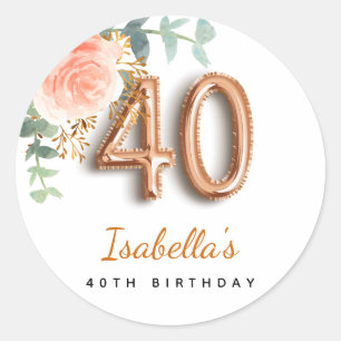 Sticker Rond 40e anniversaire floral rose or eucalyptus monogra