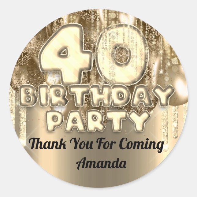 Sticker Rond 40e anniversaire GOLDen BALLONS Merci pour venir (Devant)
