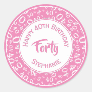 Sticker Rond 40e anniversaire Numéro 40 Motif rose et blanc