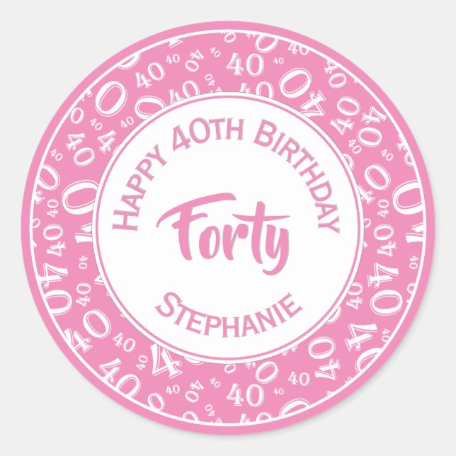 Sticker Rond 40e anniversaire Numéro 40 Motif rose et blanc (Devant)