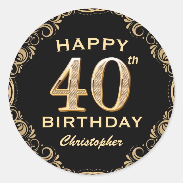 Sticker Rond 40e anniversaire Parties scintillant noir et or ca (Devant)