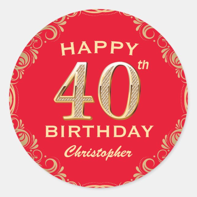Sticker Rond 40e anniversaire Parties scintillant rouge et or c (Devant)