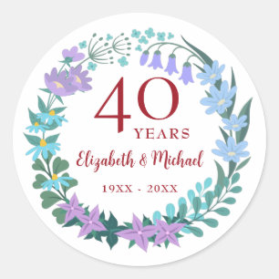 Sticker Rond 40e anniversaire Ruby Floral Bluebells Wreath