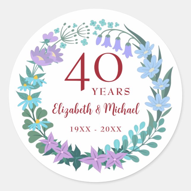 Sticker Rond 40e anniversaire Ruby Floral Bluebells Wreath (Devant)