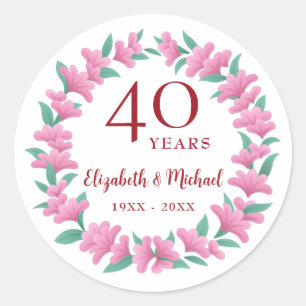 Sticker Rond 40e anniversaire Ruby Pink Green Floral Wreath