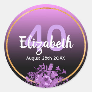 Sticker Rond 40e anniversaire violet et dégradé noir avec or