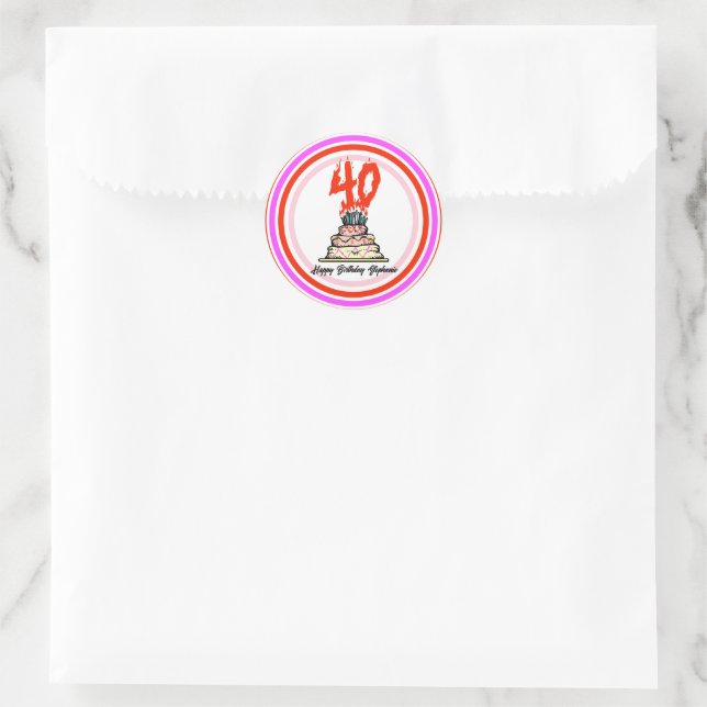 Sticker Rond 40e fête d'anniversaire gâteau en feu Personnalisé (Sac)