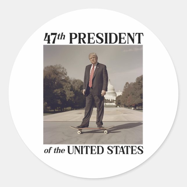 Sticker Rond 47ème Président Donald Trump sur skateboard (Devant)